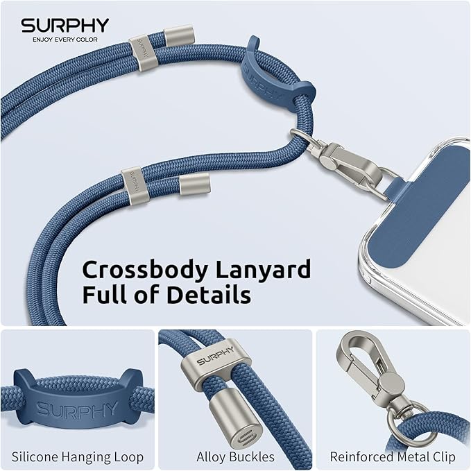 SURPHY Phone Lanyard, Adjustable Phone Strap Crossbody with 2 Pack Cell Phone Tether Tab, Premium Metal Buckles, Skin-Friendly, Universal Cell Phone Lanyard Crossbody for Women and Men, Denim Blue
