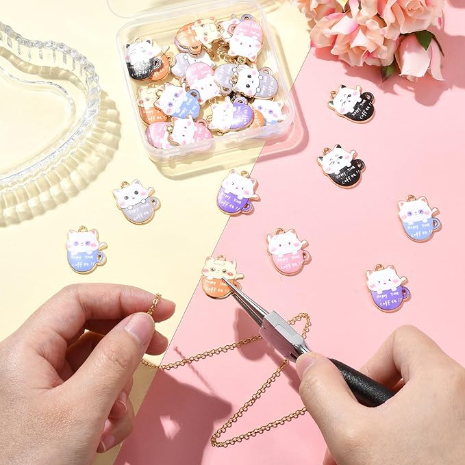 Stiesy 30 Pcs 6 Color Cat Charms for Jewelry Making Cute Kitten Animal with Coffee Cup Enamel Charm Pendants for Crafting DIY Necklace Bracelet Earring Presents