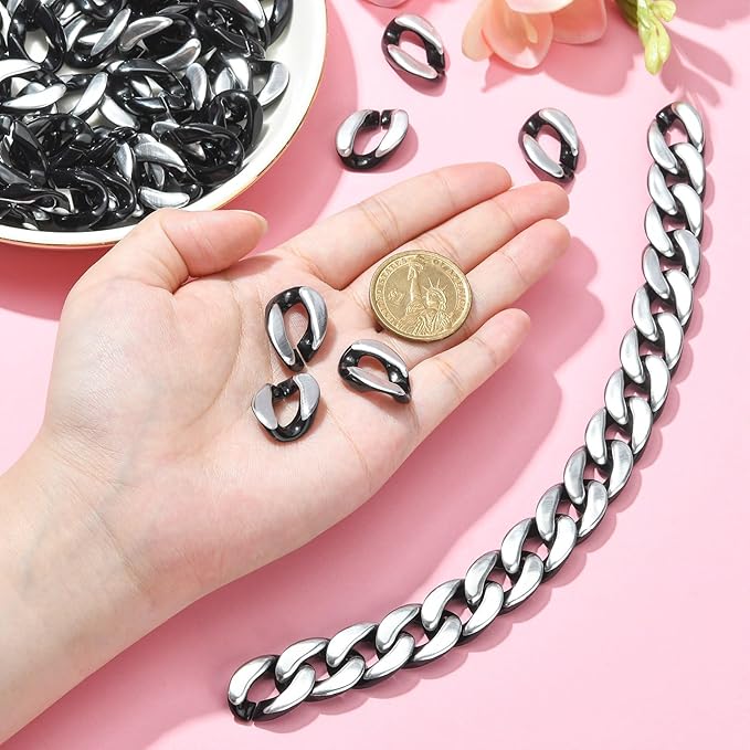 LiQunSweet 100 Pcs Black White Acrylic Plastic Oval Linking Chain Rings with Zebra Pattern Quick Link Connectors for Jewelry Making - 17x23mm