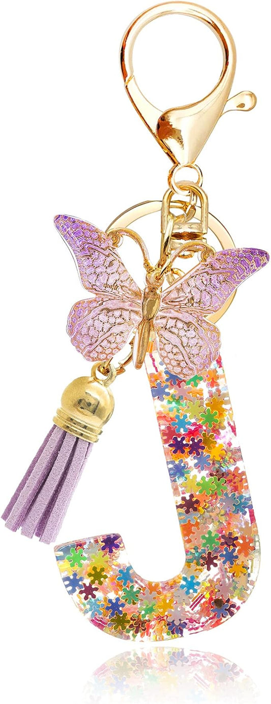 Fashion Alphabet Initial Letter Keychain Tassel Butterfly Pendant Key Ring for Purse Handbags Women Girl