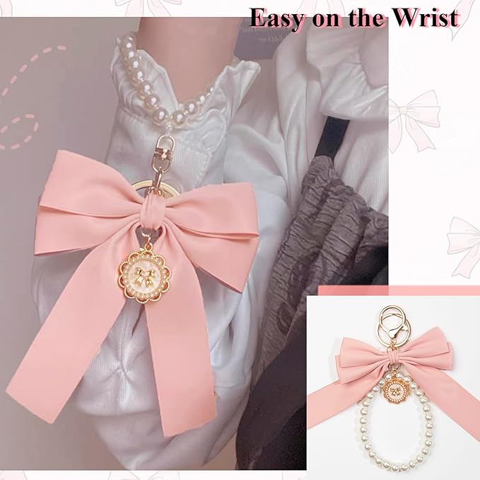 2pcs Bow Keychain, Cute Keychain, Wristlet Keychain, Ribbon Keychain Pearl Bag Charm for Purse Handbags Backpack