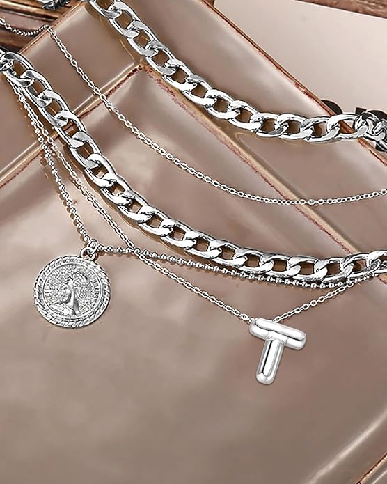 MJartoria Layered Necklaces for Women Trendy Balloon Initial Coin Pendant Necklace Dainty Chunky Chain Choker Necklaces Jewelry Birthday Gifts