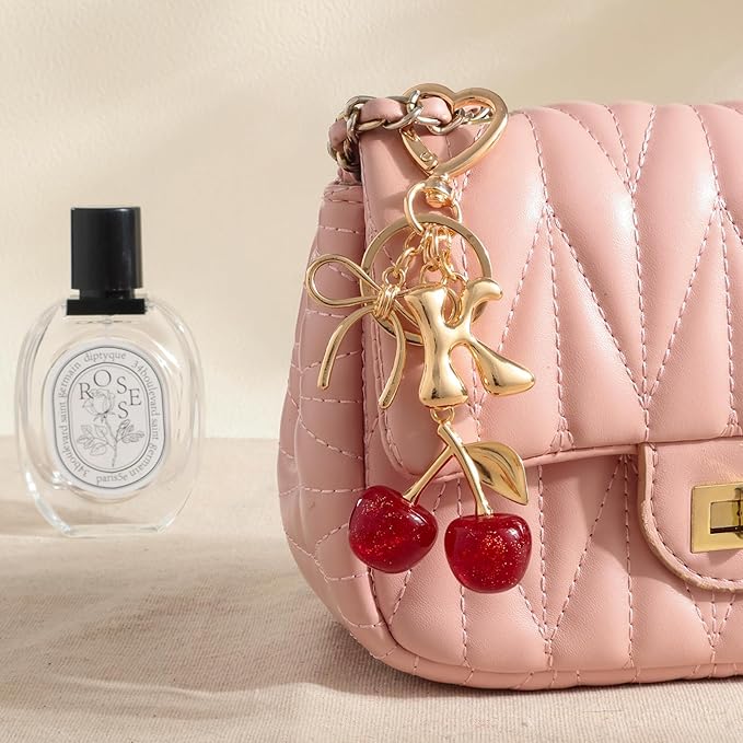 Snycler Bubble Initial Keychain with Cherry & Bow - Gold Letter Bag Charms for Women, Cute Purse Handbag Accessories