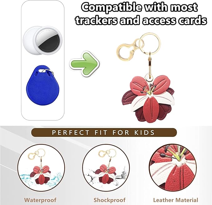 Leather Keychain Holder Case Compatible with AirTag,Cute Protective Cover with Keyring,Anti-Scratch Finder GPS Tracker Case for Wallet Keys,Bag,Pets(Flower)