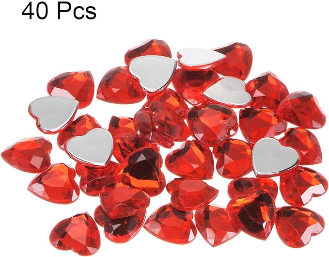 MECCANIXITY 40 Pcs Acrylic Heart Rhinestone 20mm Flat Back Plastic Gems Jewelry Stickers for Craft Bead Face Painting Costume Jewelry Making Red
