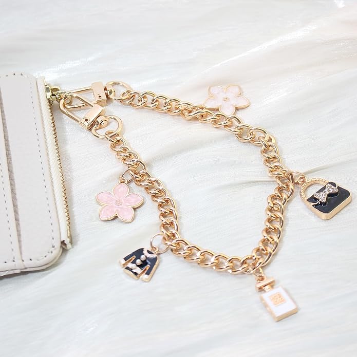 Pearl Beaded Phone Charm Wrist Strap,Cute Bracelet Wristlet Lanyard,Gold Double Chain for Phone Case,Purse Bag Wallet