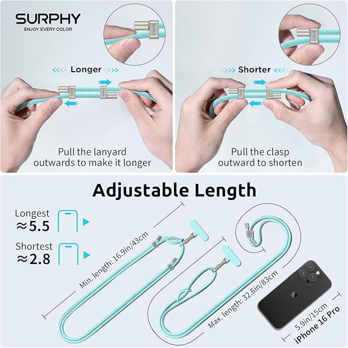 SURPHY Phone Lanyard, Adjustable Phone Strap Crossbody with 2 Pack Cell Phone Tether Tab, Premium Metal Buckles, Skin-Friendly, Universal Cell Phone Lanyard Crossbody for Women and Men, Limpet Shell