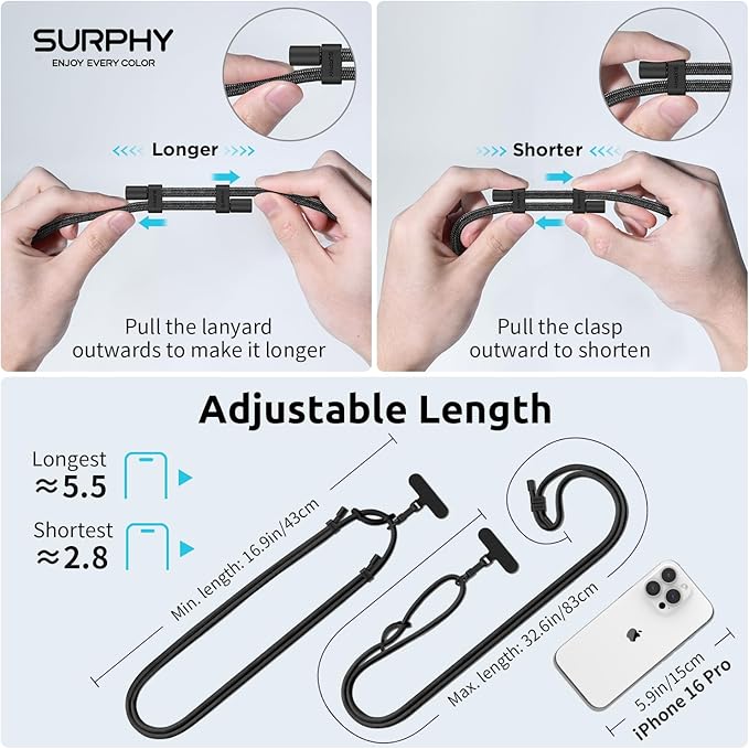 SURPHY Phone Lanyard, Adjustable Phone Strap Crossbody with 2 Pack Cell Phone Tether Tab, Premium Metal Buckles, Skin-Friendly, Universal Cell Phone Lanyard Crossbody for Women and Men, Black