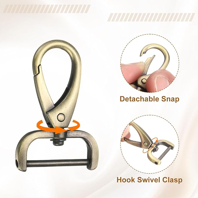 HARFINGTON 2Pcs Detachable Snap Hook Swivel Clasp 1" D Ring with Swivel Lobster Claw Clasps Hook for Purse Strap Keychain Bag DIY Craft, Brass