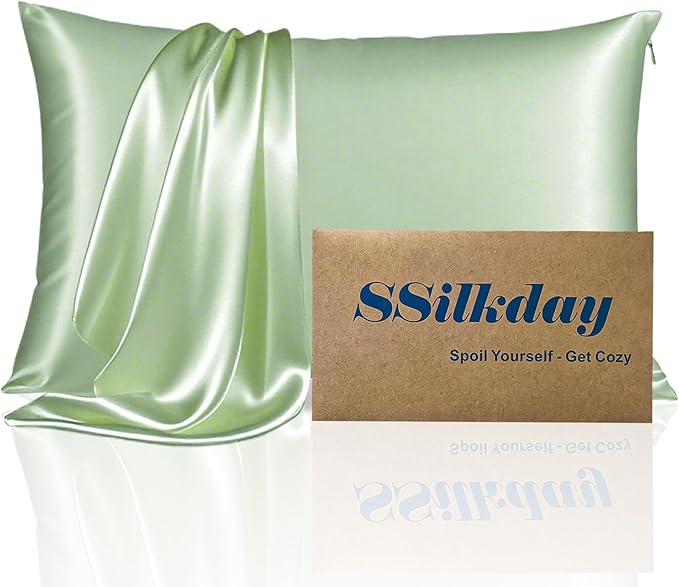 Mulberry Silk Pillow Cases with Zipper, Ultra Smooth Soft Breathable Cooling Pillow Cases for Hot Sleepers, Silk Satin Pillowcase for Hair and Skin, Gifts for Women (Sage Green, Queen Size, 1 Pack)