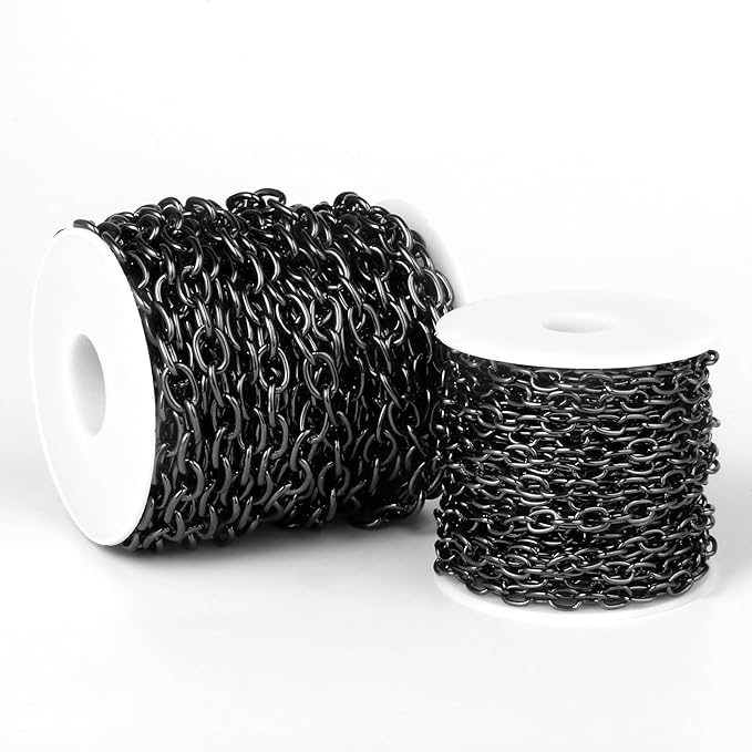 33 Feet Black Rolo Cable Chains Roll, 5 MM Black Plated Aluminium Oval Cable O Links Chain Bulk Spool for Jewelry Making DIY Craft