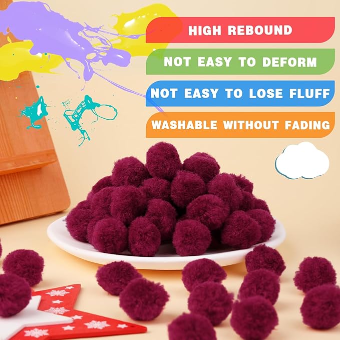 MORFEN 150 Pieces Pom Poms, 1 Inch Dark Red Craft Pom Poms, Fuzzy Pompom Puff Balls, Small Pom Pom Balls for DIY Arts, Crafts Projects, Home Decorations