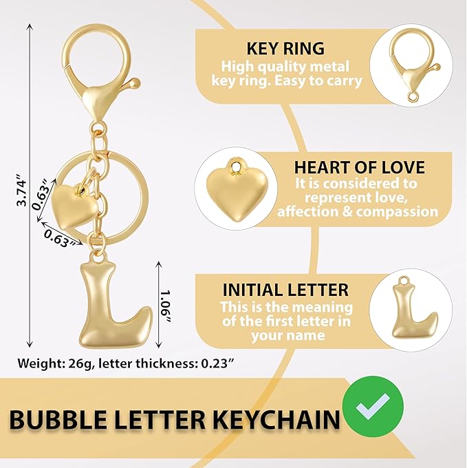 Heart Bubble Letter Keychain for Women, Girls - Cute Keychain with Initial - Alphabet Keychain for Bag Charm, Handbag