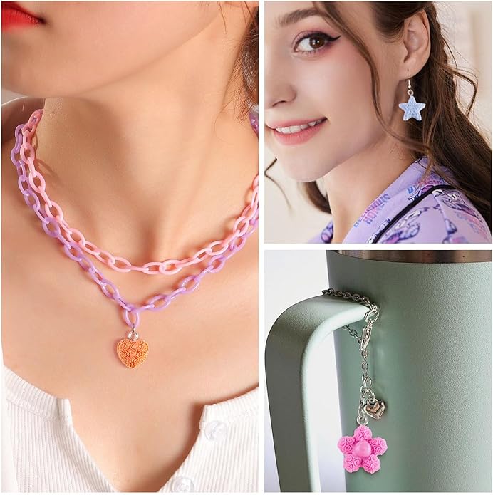 Resin Love Heart Star Flower Charms Colorful Heart Floral Pentagram Pendants Cute Hang Ornament for DIY Crafts Necklace Bracelet Keychain Jewelry Making