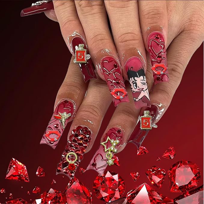 100 Pcs Gold Red Nail Charms Y2K with Lipsticks, Wine Bottles, Wine Cups, Lips, Tulips, Stars, High Heels, Perfume Bottle