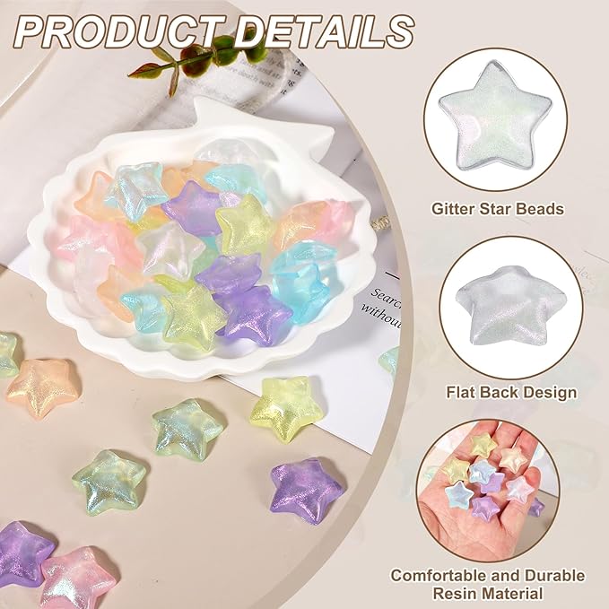 uxcell 50Pcs Flat Back Star Resin Charm, Glitter Star Charm Mini Bulk Beads Embellishments for DIY Crafts Hair Clips, Photo Frames, Phone Cases, Scrapbooking Decor, White