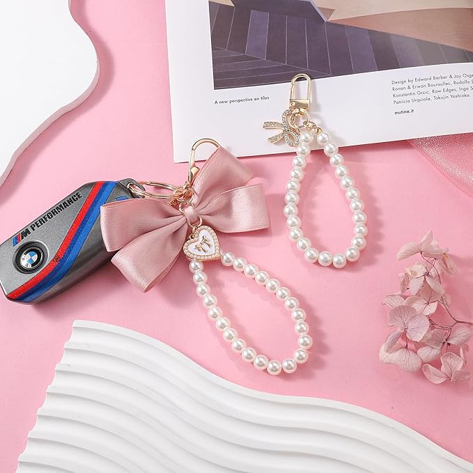 2Pcs Cute Bow Keychain for Women,Purse Charms Bow Bag Charms for Handbag, Pearl Keychain Accessories for Car