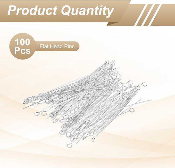 HARFINGTON 100pcs Open Eye Head Pins 1.97" 50mm Mini Metal Wire Eye Pins Beading Small Needles Bulk for Earring Pendant Necklace Bracelet Charm Jewelry Making Findings DIY Craft, Silver Tone
