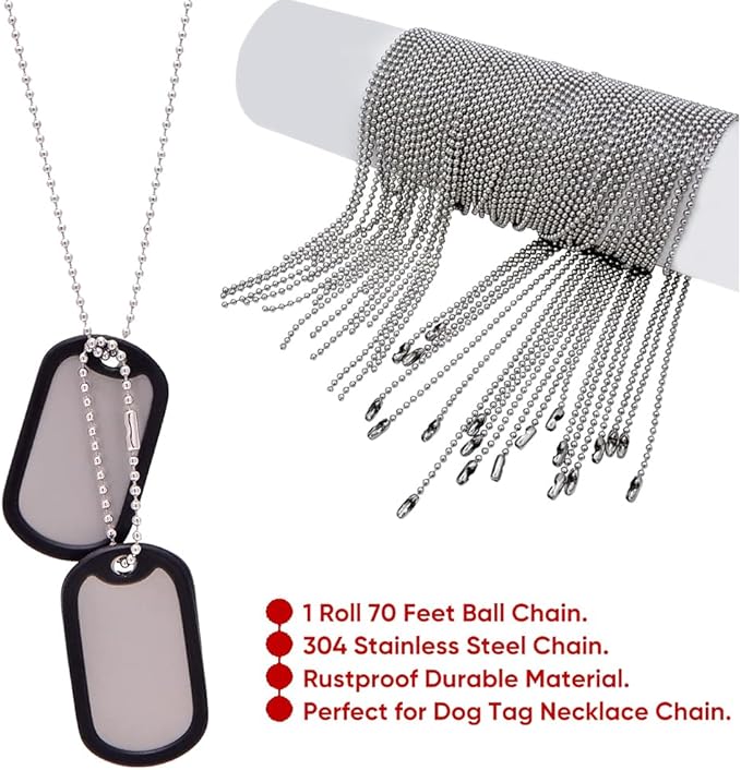 Wayilea Ball Bead Chain 70 Feet, Stainless Steel Chains Silver with 150pcs Connectors Clasps, Dog Tag Key Chains for Bracelet Making DIY Necklace Crafts, 2.4mm Ball, 1 Roll 21.3 Meters