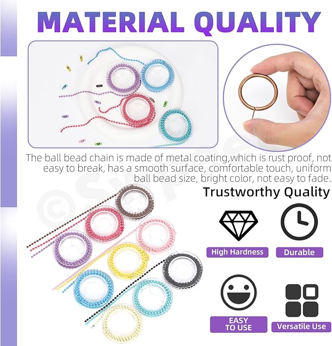 Swpeet 10 Colors 1m/3.28ft × 2.4mm Plated Ball Beaded Chains with 1Pc Pliers and 100 Pcs Connectors Kit, Bead Link Dog Tag Chain Roll, Necklace Chains, Pull Chain Roll Spool Ball for Keychain Tags