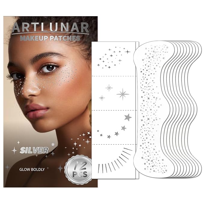 Artlunar 12Pcs Valentine's Mardi Gras Silver Sparkle Makeup Patches - Body Glitter Stickers for Face and Body, Perfect for Festivals Parties (Silver), Gifts for Women and Girls.