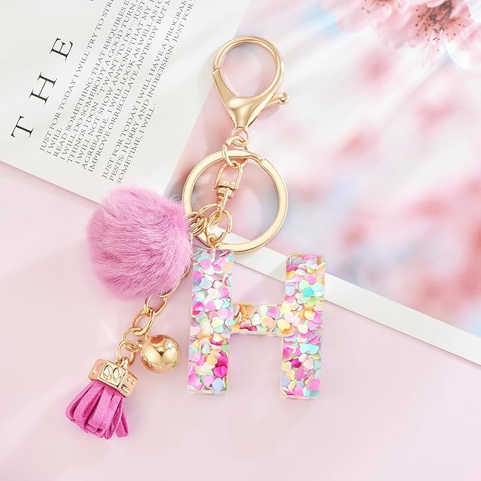 Resin Alphabet Initial Letter Keychain Keyring for Women Purse Handbags With Fur Ball Pom