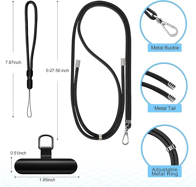 takyu Phone Lanyard, 2 Pack Adjustable CellPhone Lanyard Crossbody Neck Strap and 2 Pack Phone Wrist Strap with 2x Tether Metal Tabs for iPhone Android Smartphones-Black