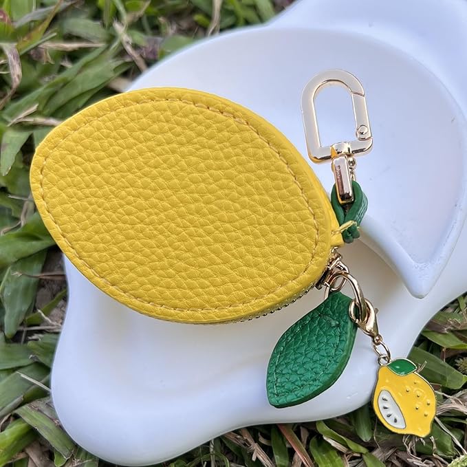 Cute Lemon Fruit Coin Purse Keychain – Mini PU Leather Zipper Pouch Bag Charm with Leaf Accent & Pendant, Kawaii Y2K Purse Charm for Backpack, Handbag & AirTag Holder for Women & Girls