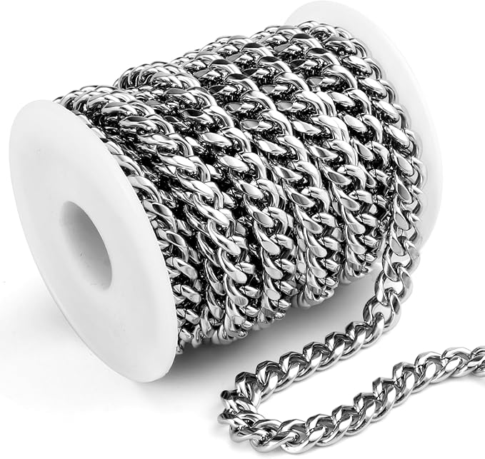16.5 Feet Stainless Steel Cuban Chains Roll, 9mm Width Miami Curb Link Chains Spool Bulk for Jewelry Meking & DIY Craft