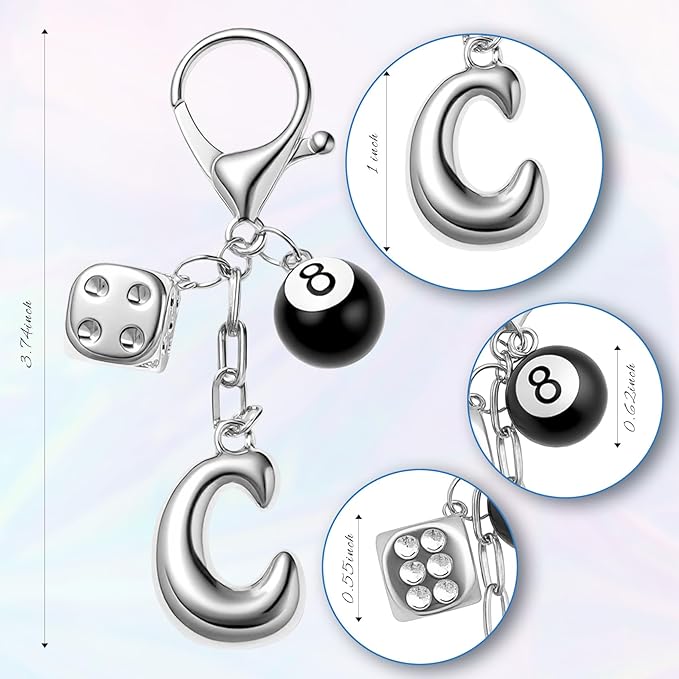 8 Ball Dice Keychain with Silver Bubble Initial - Y2K Aesthetic Cute Bag Purse Charms for Women