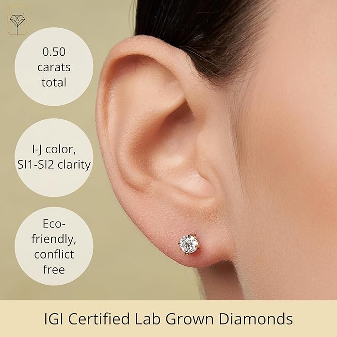 1/4-2 Carat IGI Certified Lab Grown Diamond Stud Earrings | Solitaire Real Diamonds Earring for Women in I-J Color & SI1-SI2 Clarity | 14K Gold Diamond Studs with Secure Backs by MAX + STONE