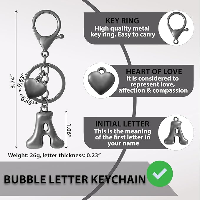 Heart Bubble Letter Keychain for Women, Girls - Cute Keychain with Initial - Alphabet Keychain for Bag Charm, Handbag