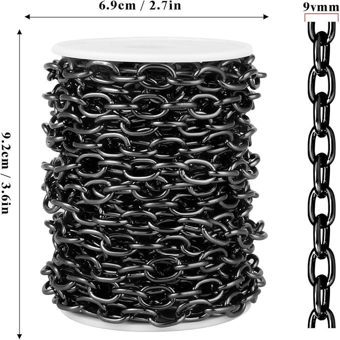 33 Feet Black Rolo Cable Chains Roll, 9 MM Black Plated Aluminium Oval Cable O Links Chain Bulk Spool for Jewelry Making DIY Craft