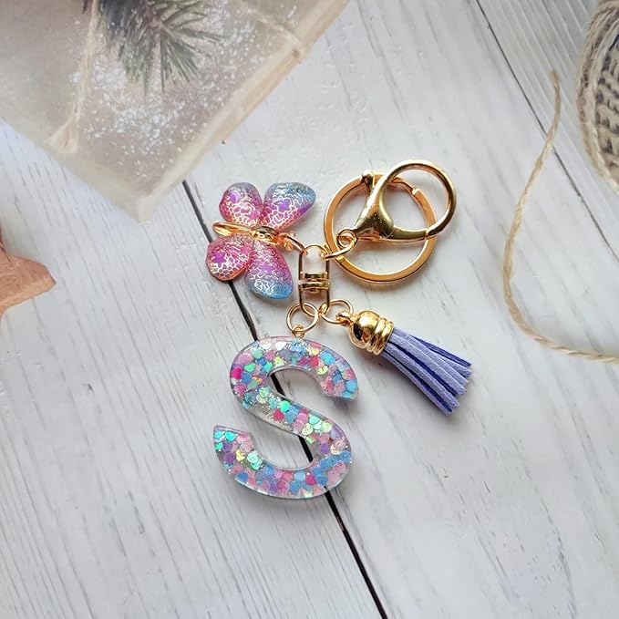 Cute Initial Letter Keychains for Women Girls Tassel Butterfly Pink Purple Green Keychain for Backpack School Bag