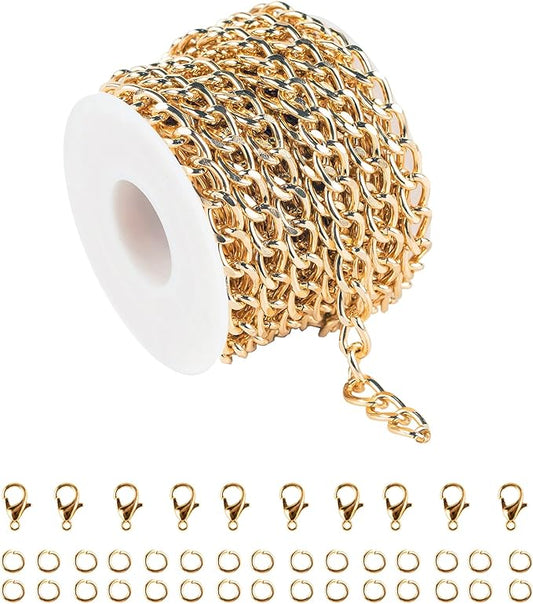 16.4 Feet Twisted Curb Chain Links Gold Plated Aluminum Bracelet Necklace Chain Bulk for DIY Craft Jewelry Making with Lobster Clasps and Jump Rings