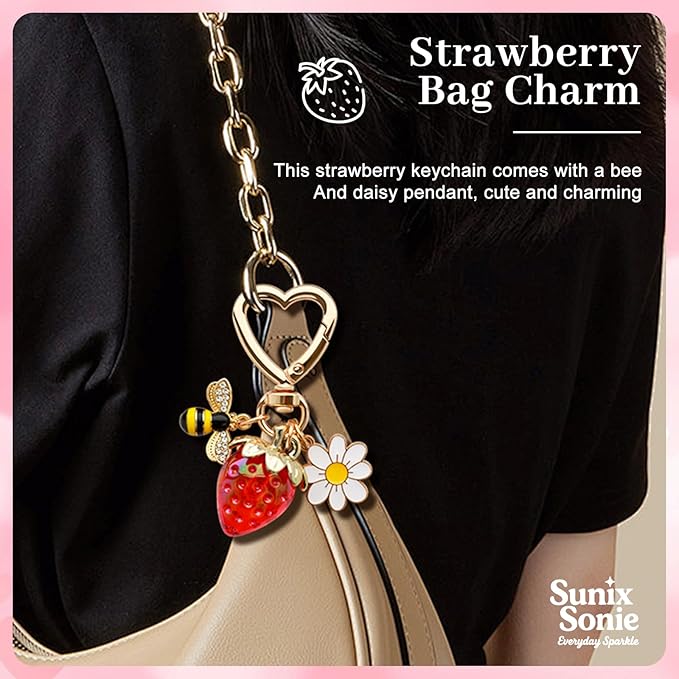 2Pcs Strawberry Keychain Charm Cute Bag Charms Flower Daisy Pearl Bow Keychain Strawberry gift for Women