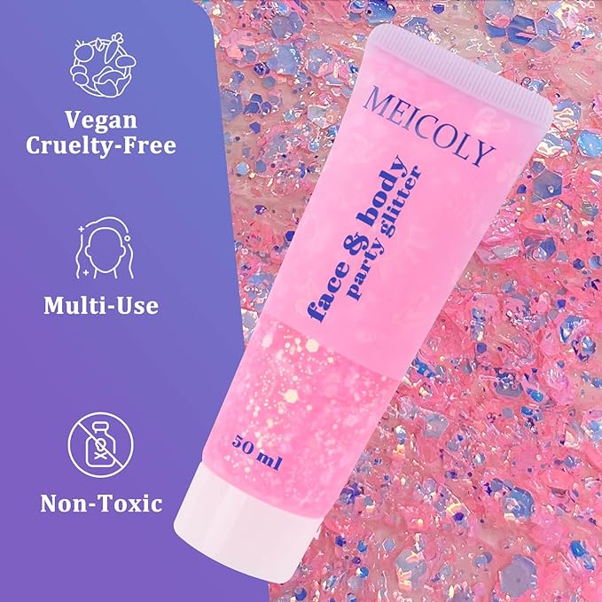 MEICOLY Chameleon Baby Pink Body Glitter,Pink Turn to Purple Face Glitter Paint,Color Changing Mermaid Face Glitter Gel for Halloween,Chunky Glitter for Face Body Hair,Festival Party Glitter Makeup