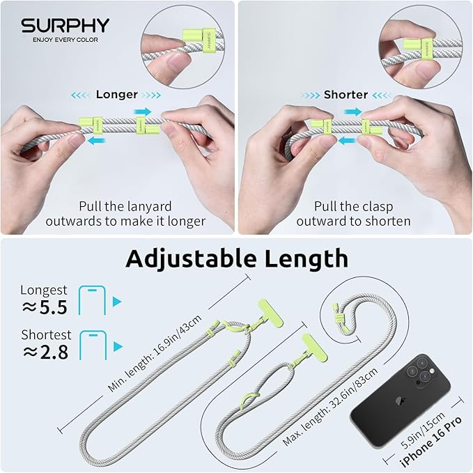 SURPHY Phone Lanyard, Adjustable Phone Strap Crossbody with 2 Pack Phone Tether Tab, Premium Metal Buckles and Two-Color Braided Cell Phone Lanyard Crossbody for Women and Men, Gray & White