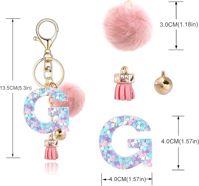 Resin Alphabet Initial Letter Keychain Keyring for Women Purse Handbags With Fur Ball Pom