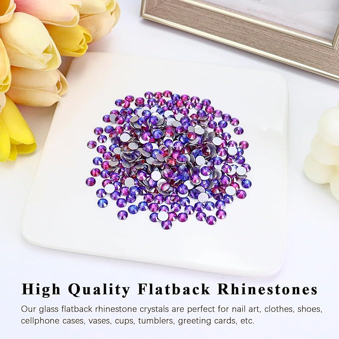 1440PCS SS8 Crystal Glass Flatback Rhinestones, Round Flat Back Crystal Gems for Nail Art and Craft Clothes, Glue Fix Diamond Stones Purple Velvet (2.3-2.5mm)