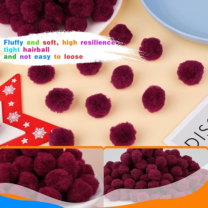 MORFEN 150 Pieces Pom Poms, 1 Inch Dark Red Craft Pom Poms, Fuzzy Pompom Puff Balls, Small Pom Pom Balls for DIY Arts, Crafts Projects, Home Decorations