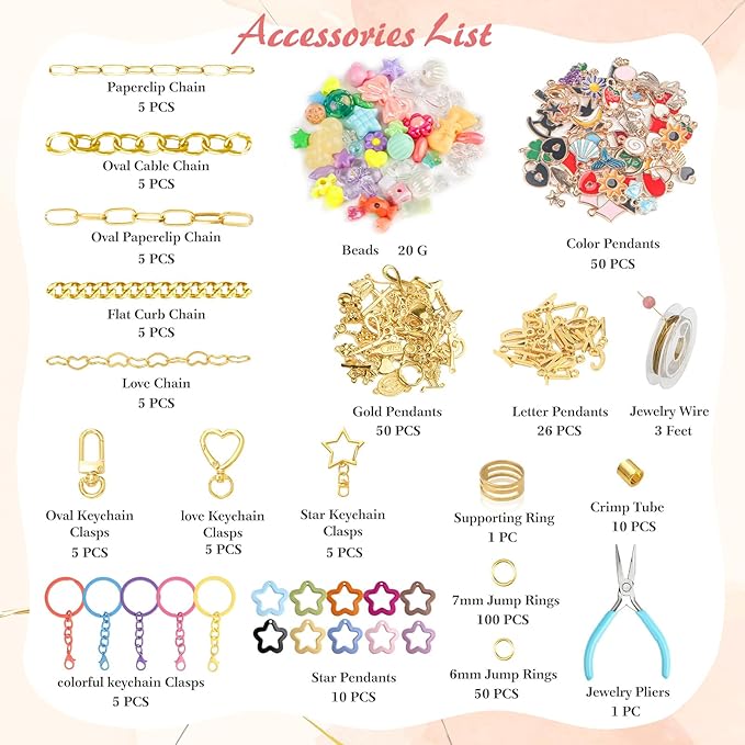 Ecoofor Keychain Making Kit 354 Pcs — Bag Charm Kit with 136 Charms, 25 Extender Chains, 20 Keychain Clips, Beading Accessories ＆ Jewelry Pliers — DIY Crafting and Jewelry Making for Adults