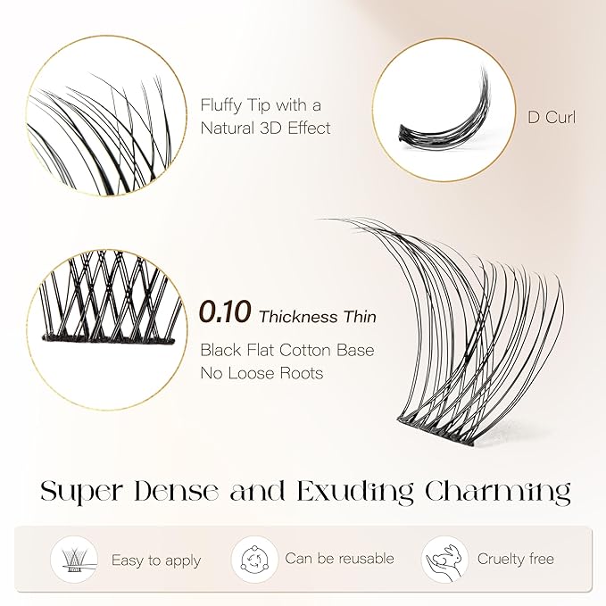 BEFER Lash Clusters, 72 Pcs D Curl Eyelash Super Fluffy Lightweight Individual Lashes 8-16MM Cluster Eyelash Extensions DIY At Home(Ethereal,FD36)