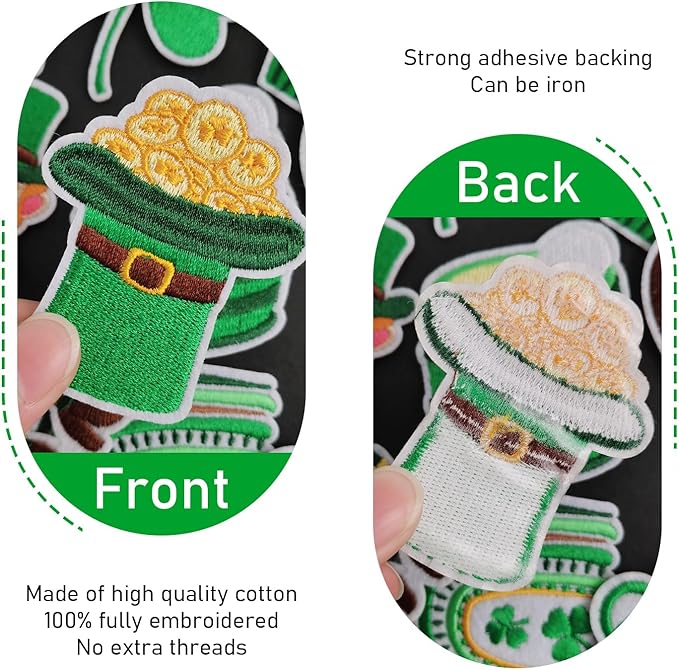 WILDREEDS 32 Pieces Assorted Styles St. Patrick's Day Iron on Patches, Irish Clover Lucky Shamrock Embroidered Patch for Clothing, T-Shirt, Backpacks, Hats, Jeans, Jackets