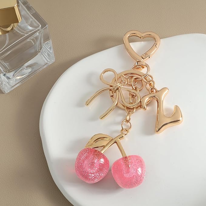 Snycler Bubble Initial Keychain with Cherry & Bow - Gold Letter Bag Charms for Women, Cute Purse Handbag Accessories