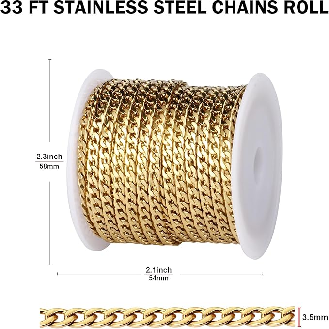 [33FT] 18K Gold PVD Plated Curb Chains for Jewelry Making, 3.5mm Wide 304 Stainless Steel Cuban Link Chain Roll Bulk for DIY Jewelry Making Craft