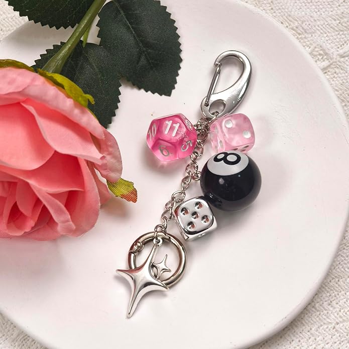 Y2K Keychain for Women, 8 Ball Dice Charm with Carabiner Clip - Cute Goth Core Keychain Bag Charm for Keys Bags Jeans