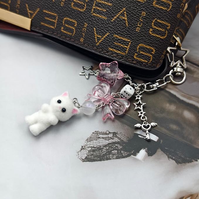 Cute Cat Keychain, Y2K Heart Bow Pendant, Kawaii Cat Bag Charm