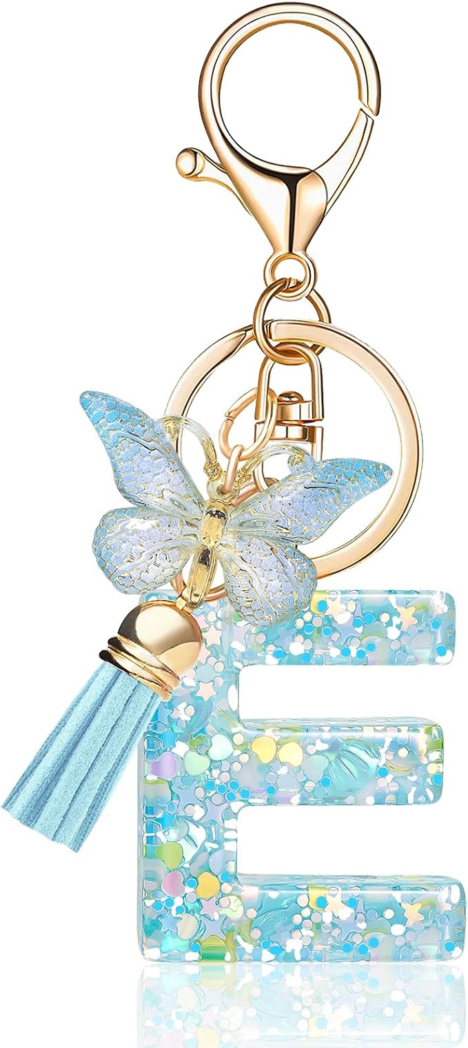 Fashion Alphabet Initial Letter Keychain Tassel Butterfly Pendant Key Ring for Purse Handbags Women Girl