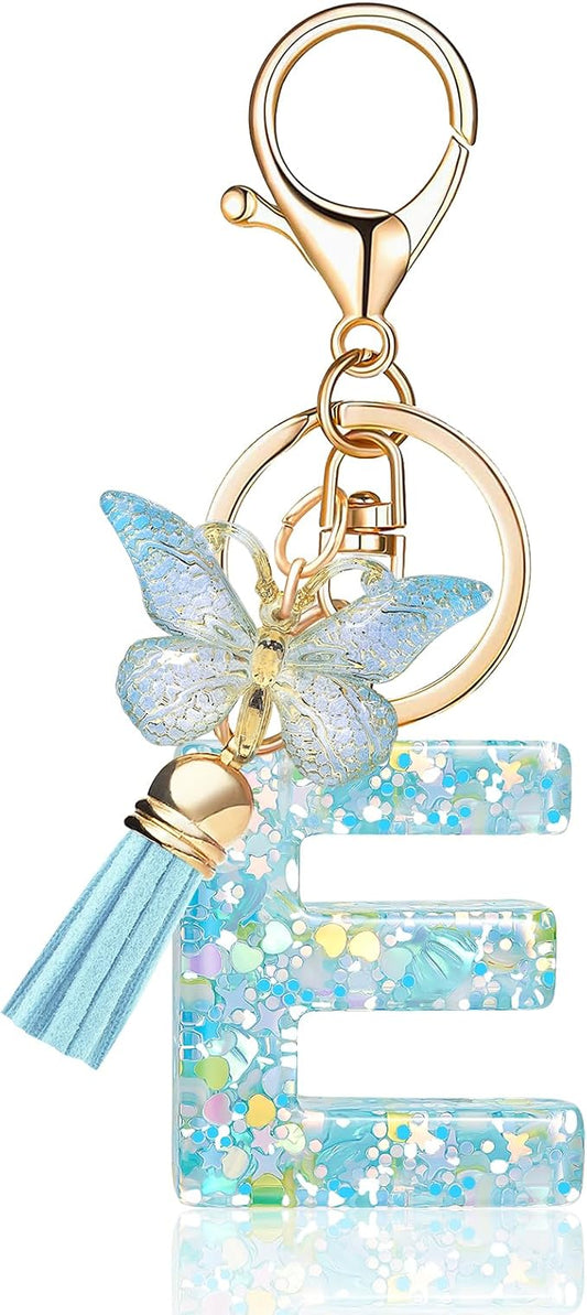 Fashion Alphabet Initial Letter Keychain Tassel Butterfly Pendant Key Ring for Purse Handbags Women Girl